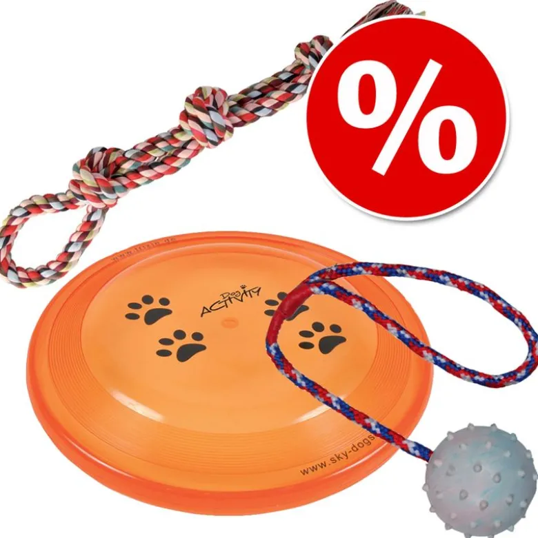 Trixie-lelusetti: köysilelu, frisbee, kumipallo